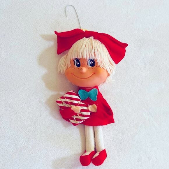 Vtg Girl Pixie Rubber Yarn Felt Cloth Bow Christmas Ornament, Doll Dress Present - Picture 1 of 4